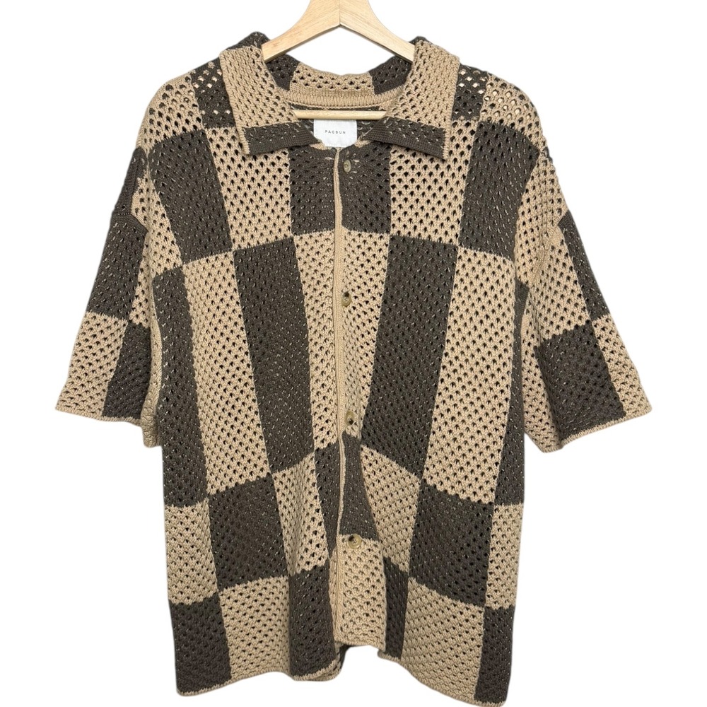 PacSun Crochet Knit Camp Shirt Short Sleeve Button Up Brown M Resort Textured